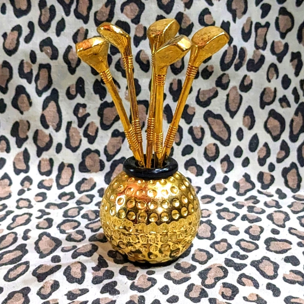 1960s Martini Pick Golf Ball Club Gold vintage cocktail bar MCM mod drink 60s